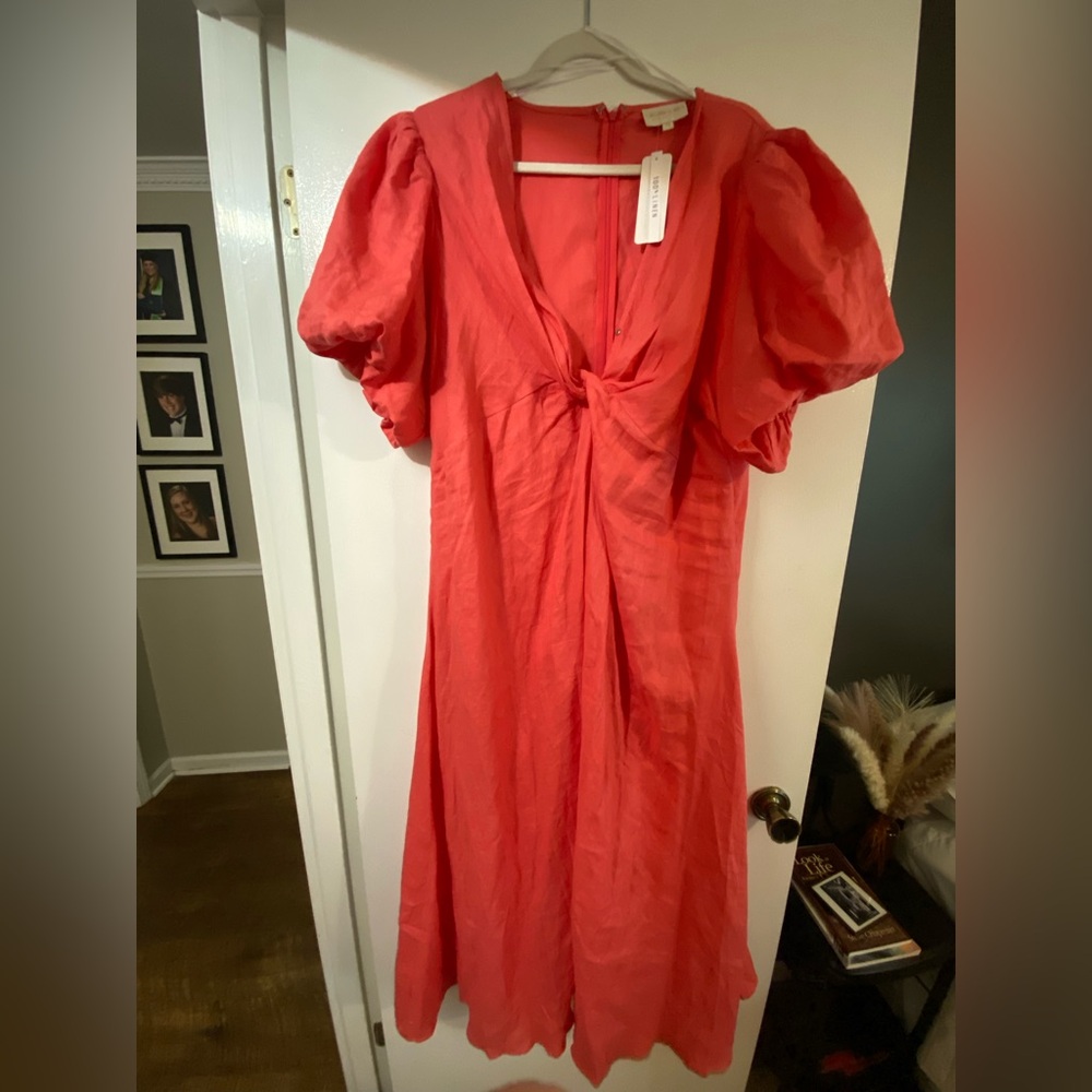 NWT Gingham & Heels Coral Puff Sleeve Midi Dress